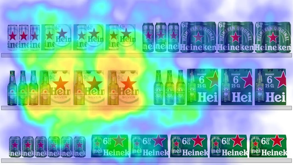 RealEye eye-tracking attention heatmap over a retail shelf of beer cans and bottles.